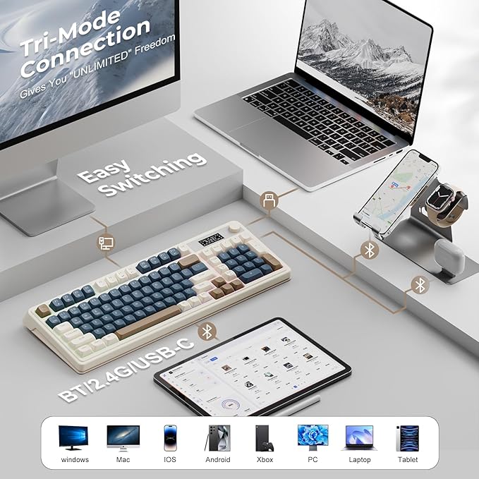 AULA S99 Pro Wireless Keyboard, Gaming Keyboards Media Knob Custom RGB Backlit, 3-Modes BT/2.4G/USB-C Membrane Cute Creamy Keyboard for Windows/MAC/PC Gamer - Blue White