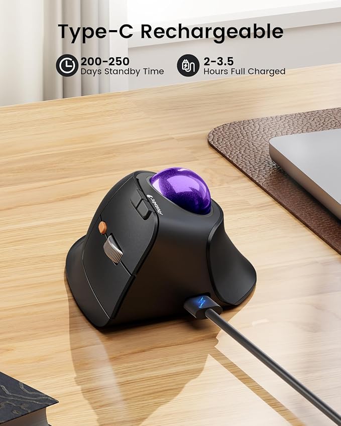 ProtoArc Vertical Wireless Trackball Mouse, EM05 NL Bluetooth Ergonomic Rollerball Mouse Rechargeable Computer Laptop Thumb Mice, 3 Device Connection, Compatible with iPad, Mac, Windows, PC-Purple