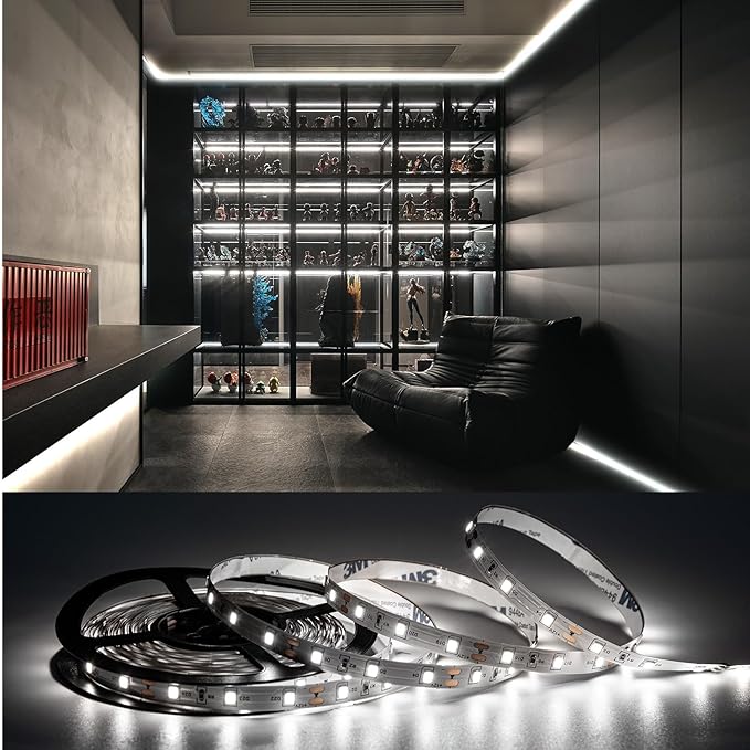 10ft White LED Strip Lights,12V Dimmable Tape Lighting with Infrared Remote,SMD 2835 LEDs Adhesive Ribbon Light,Connectable,Cuttable,Indoor Rope Light for Room Bedroom Cabinet