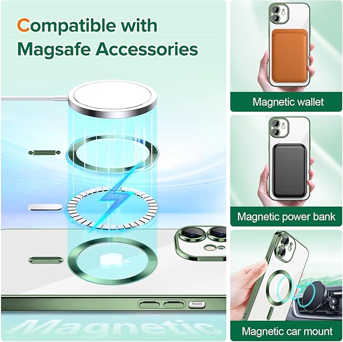Hython Magnetic Clear for iPhone 12 Case with Camera Lens Protector [Compatible with MagSafe] Luxury Plating Edge Slim Soft TPU Cover Protective Phone Case for iPhone 12 6.1", Deep Green