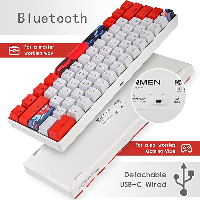 surmen GT61 60% Mechanical Gaming Keyboard 60 Percent RGB Backlit Hot-Swappable Wireless/Wired Compact Mini Keyboards Bluetooth 5.0 Keyboard Programmable/N-Key Rollover (Yellow Switch, Sun)