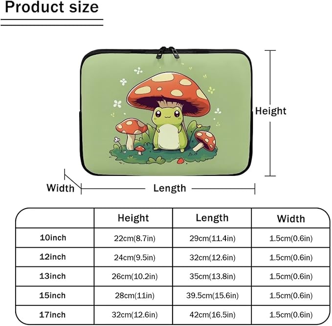 Cute Frog Laptop Protective Sleeve for Women Men 15 Inch Computer Sleeve Neoprene Laptop Bag Mushroom Lap Top Case Suitable for Travel School Office Organizers Green