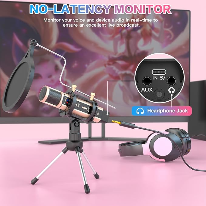 ZealSound USB Podcast Microphone for iPhone, iPad, Android, PC & Laptop, Condenser Mic with Noise Reduction, Mute, Headphone Monitoring & Echo Control for ASMR, Podcast, Streaming, Gaming