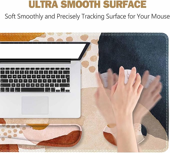 ToLuLu Extended Gaming Mouse Pad, Memory Foam Ergonomic Keyboard Mouse Wrist Rest Support Set, Large Desk Mat with Stitched Edges, Non-Slip Base Mousepad for Home Office and Game, Brown Boho Art