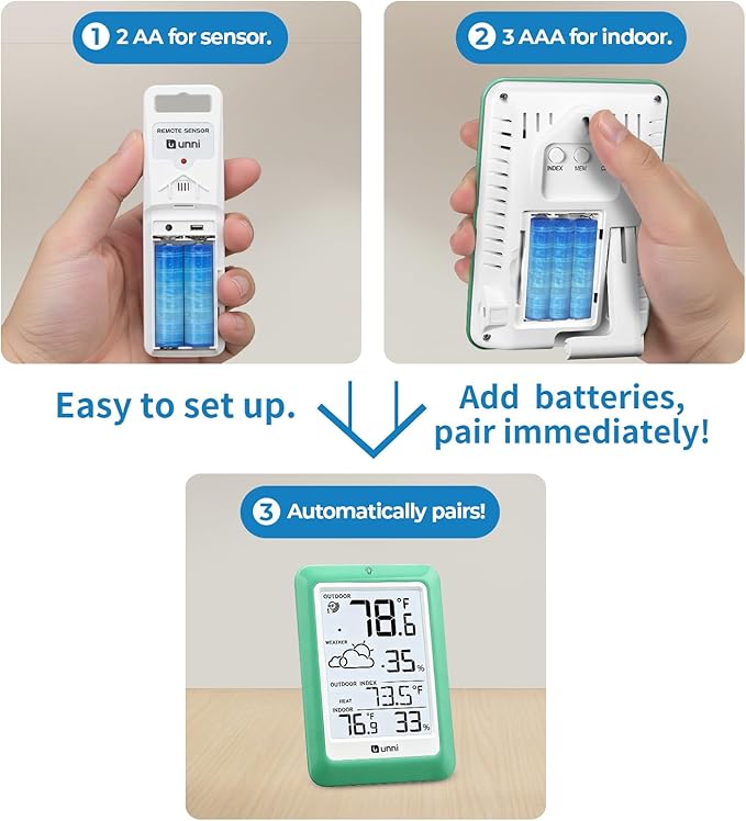 Indoor Outdoor Thermometer Wireless, Temperature Humidity Monitor Battery Powered Inside Outside Thermometers with 330ft Range Remote Sensor(Green)