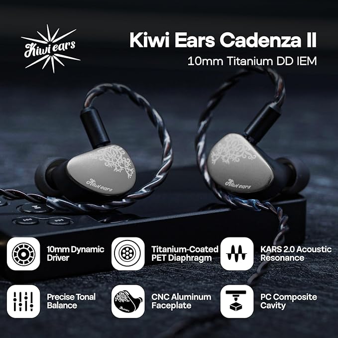 Linsoul Kiwi Ears Cadenza II 10mm Titanium Driver in Ear Monitor, HiFi Wired IEM Earphones with KARS 2.0, Precise Tonal Balance, CNC Aluminum Faceplate for Musicians Audiophiles Gaming (Grey)