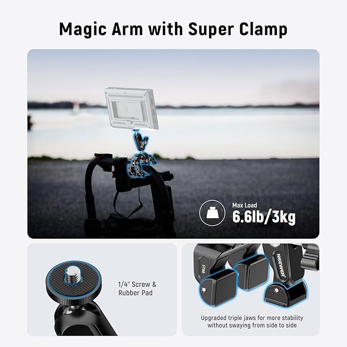 NEEWER Super Clamp with 3" Dual Ballhead Magic Arm, Camera Phone Clamp Mount with 1/4" 3/8" Threads, Cold Shoe, Phone Holder, Action Camera Adapter Compatible with GoPro DJI iPhone 16 15 Pro Max, ST88