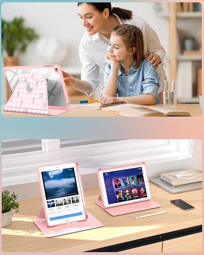 Uppuppy for iPad 5th/6th Generation Case for iPad Air 1st/Air 2nd/Pro 9.7 inch 2016 Case - 360 Rotating Stand Folio Smart Cover with Pencil Holder for Women Girls, Pink Bow Checkered for Apple Tablet