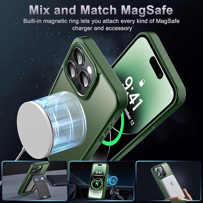 Newfuture Designed for iPhone 14 Pro Case with Magnetic [13 FT Military Drop Protection] [Compatible with Magsafe] Slim Translucent Matte Shockproof with Anti-Fingerprint Phone Case, Dark Green
