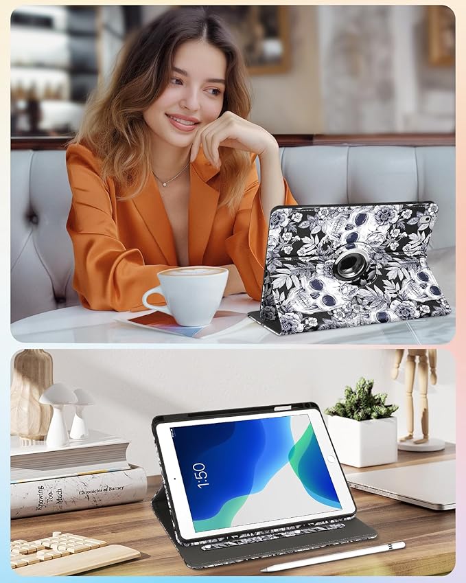 Kidcube for iPad Air 3rd Generation Case/Pro 10.5 Inch Case - Women Girls Cute Rotating Stand Folio Cover with Pencil Holder & Card Slot Flowers Goth Skull Design Cover for iPad Pro 10.5''/Air 3rd