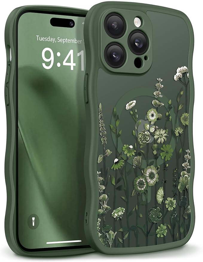 GVIEWIN for iPhone 14 Pro Max Case Compatible with MagSafe [Curly Wave Edge][Full Camera Protection] Floral Translucent Shockproof Magnetic Women Phone Case for 14 Pro Max, Floratopia/Forest Green