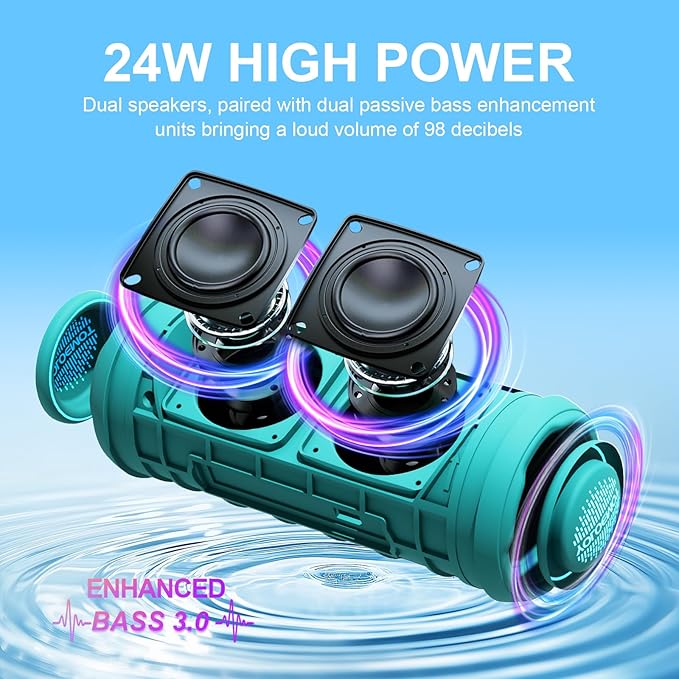 Bluetooth Bass Speaker 24W Loud Stereo Sound, Deep Bass, TWS Pairing, IPX7 Waterproof Dustproof,12H Playtime, RGB Light, Bluetooth Speakers Outdoor for Travel, Sport, Party, Biking (Teal)