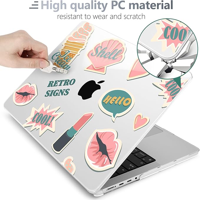 Batianda Case for New MacBook Pro 14 Inch M5 (2025 2026) & 2024 2023 Release [Model A3434 / A3112] - Ultra Slim 1.2mm Glossy Hard Shell Protective Skin Keyboard Cover 4-in-1 Bundle, Retro Stickers