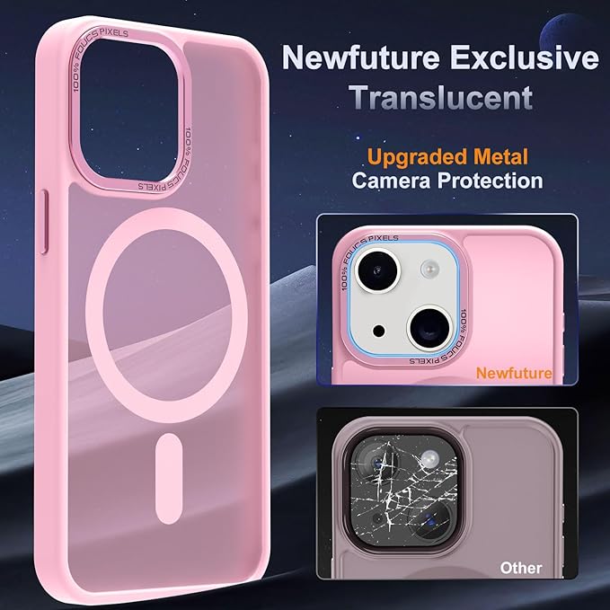 Newfuture Magnetic for iPhone 15 Case [Compatible with Magsafe] [Military Grade Drop Protection] Translucent Matte Anti-Fingerprint Shockproof Phone Case for iPhone 15 6.1 inch, Chalk Pink