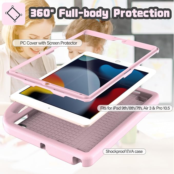 YIHE Kids Case for iPad 9th/8th/7th Generation, iPad Pro 10.5 & Air 3, Shockproof Protective Cover with Handle Stand & Screen Protector for 10.2/10.5 Inch iPads, Light Pink