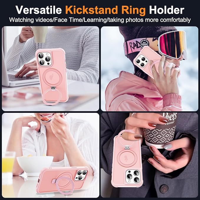 SKYLMW Compatible with iPhone 13 Pro Case with Invisible Magnetic O-Ring Stand Military-Grade Translucent Case for iPhone 13 Pro 6.1" [Compatible with Mag-Safe][Great Grip Feeling], Pink