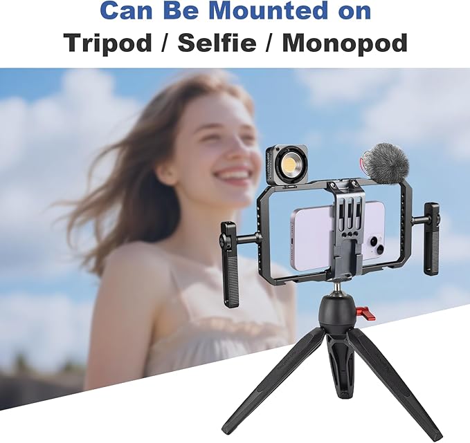 Universal Phone Cage Handheld Stabilizer Kit for Vlogging & Filmmaking, Smartphone Cage Video Rig with 360° Rotation Handles Compatible with iPhone 17/16/15/14/13 Series and Android Phones