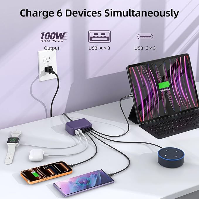 Updated USB C Fast Charger Block, 100W GaN 6 Port PD USB C QC USB A Wall Charger Adapter Plug Cube, Type C Charging Station Hub for iPhone 17 16 15 14 13 Pro Max iPad Samsung Pixel 5ft Extension Cord