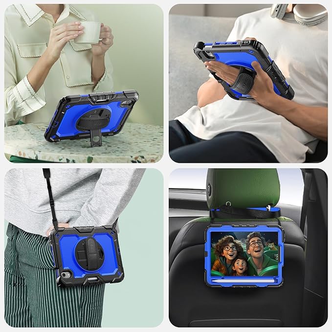SEYMAC Case for iPad mini 7 (A17 Pro) 2024/ Mini 6 8.3″, Full-Body Shockproof Protective Case with Screen Protector, Rotating Stand, Hand/Shoulder Strap for iPad mini 7th/ 6th Generation, Dark Blue