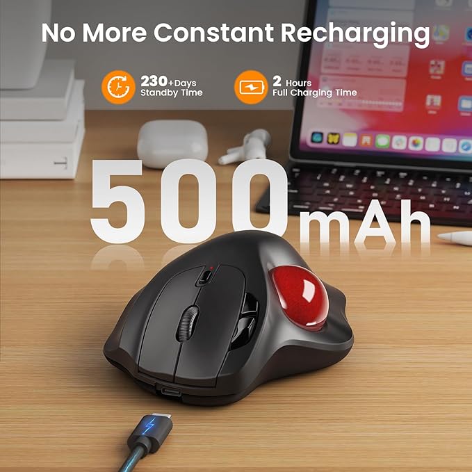 SABLUTE MAM2 Wireless Trackball Mouse, Rechargeable Ergonomic Mouse with Thumb Control for 3 Devices (Bluetooth and USB), 5-Level DPI, Silent Click, Compatible PC Laptop Mac iPad, Easy Clean
