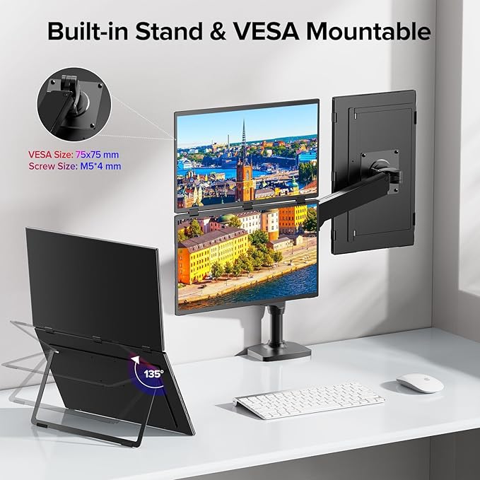 UPERFECT Delta Max 18.5" 100Hz Dual Portable Monitor for Laptop Screen Extender 1080P HDR 360° Folding Stacked Triple Monitor with Stand & VESA for Laptop PC Phone Game Console (No Driver Needed)