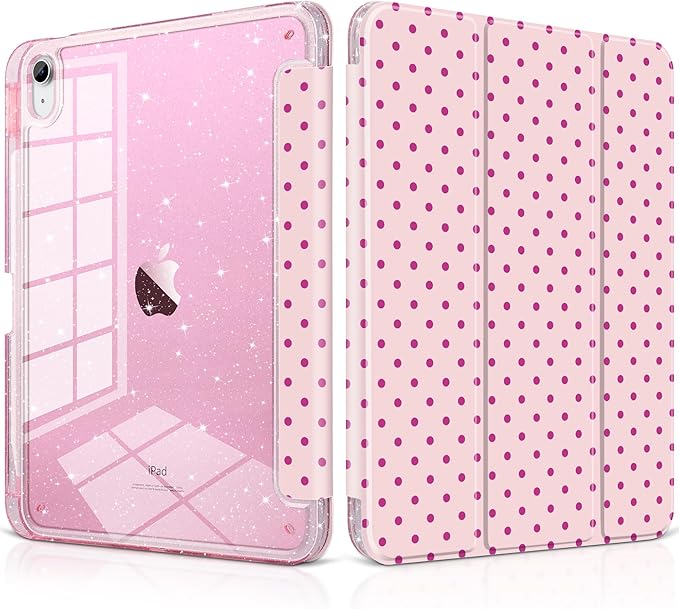 DONGKE for iPad Pro 11 inch Case – Fits M5 2025 / M4 2024, Shockproof Sparkling Glitter Acrylic Back, Pencil Holder, Trifold Stand, Auto Sleep/Wake & Touch ID Support - Pink Polka Dot