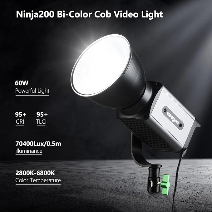 Weeylite Ninja 200 60W Bi-Color COB LED Video Light, 2800K-6800K Continuous Studio Lighting, CRI 95+ TLCI 95+, 0-100% Dimmable, 5800LM 70400Lux, App & Bluetooth Control, Portable Photography Light