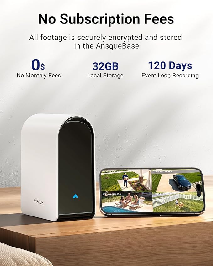 ANSQUE Security Cameras Wireless Outdoor Home System, 4 Camera Kit, No Subscription Fees, Solar Powered, Local Storage, 365-Day Battery Life, 360°PTZ Surveillance, Auto Tracking, 2K Color Night Vision