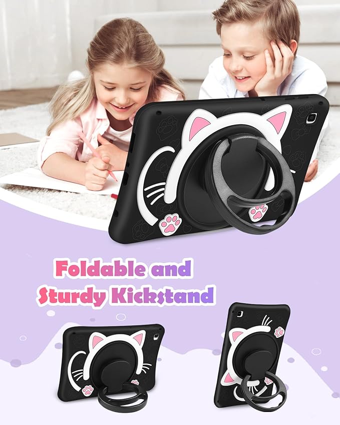 Wazzasoft for Samsung Galaxy Tab A7 Lite 8.7” Case Girls Cute Black Cat Cover Kawaii Girly Women Kitten with Rotating Handle Stand & Strap Soft Silicone Funda for Galaxy A7 Lite Table Cases 2021