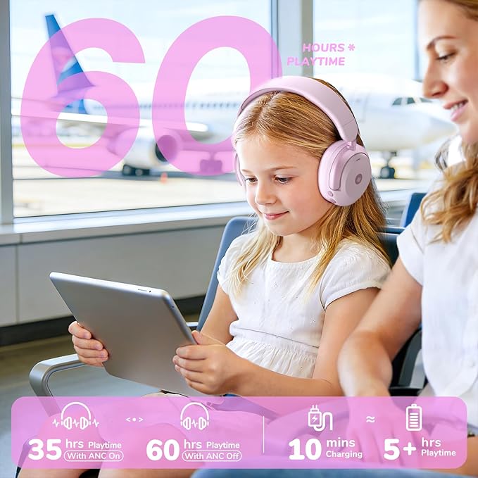 iClever BTH20 Active Noise Cancelling Headphones for Kids, 60H Play Time,Type C Fast Charging, Safe Volume 80dBA, Bluetooth5.4, Kids Headphones Wireless for iPad Tablet Airplane, Rose Pink