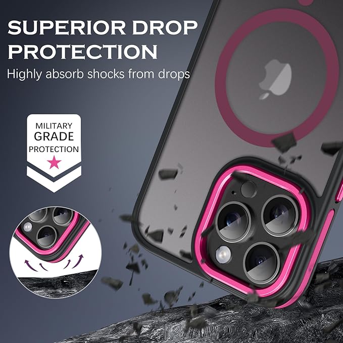 YINLAI Case for iPhone 16 Pro 6.3-Inch, iPhone 16 Pro Phone Case Magnetic [Compatible with Magsafe] Slim Translucent Matte Men Women Girls Shockproof Protective Back Cover, Black/Hot Pink