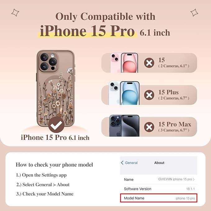 GVIEWIN for iPhone 15 Pro Case Compatible with MagSafe, [Military Grade Protection] [Screen Protector] Full Camera Protection Floral Translucent Women Magnetic Phone Case, Floratopia/Brown