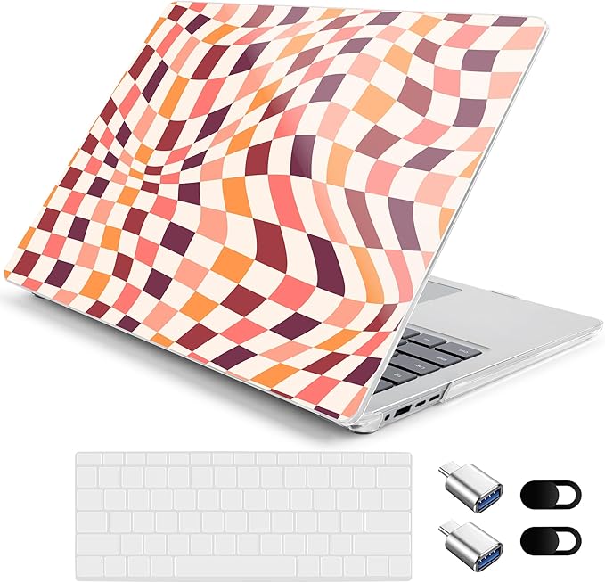 Case for 15-inch Microsoft Surface Laptop Copilot+ PC 2024 (7th Ed) Aesthetic Clear Hard Laptop Shell, with TPU Keyboard Cover & OTG Adapters Ultimate 6-in-1 Bundle, Wavy Checkerboard