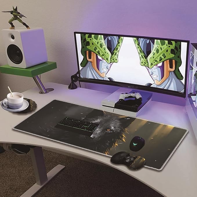 Extended Non-Slip Mouse Pad + Mouse Wrist Rest + Lace-Shaped Coaster Set, Ergonomic Design, Suitable for Desk and Home Gaming Table Mat, Black Wolf