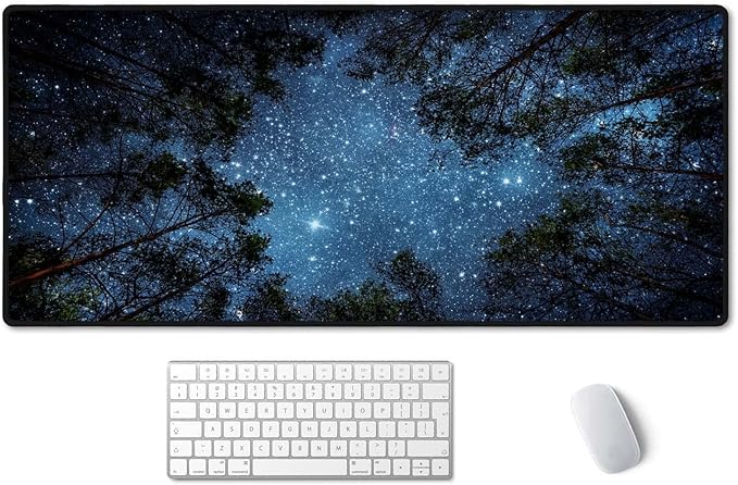SSOIU The Milky Way and The Trees Mouse Pad 35.5 X 15.7 Inch XXL Night Sky Full Desk Mousepad Extended Large Non-Slip Rubber Base Waterproof Big Keyboard Mat with Stitched Edges for Gaming and Office