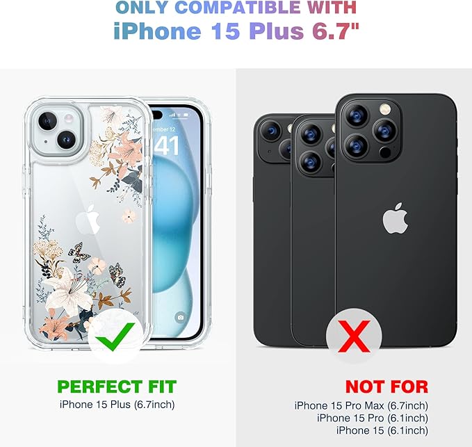 Diaclara Designed for iPhone 15 Plus Clear Flower Butterfly Phone Case 6.7’’, Full Body Rugged Cover w/Built-in Screen Protector+ GlassCamera Lens Protector(Butterfly)