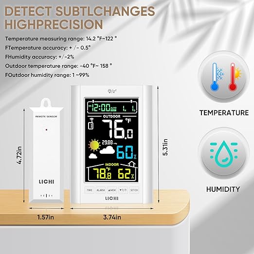 Weather Station Wireless Indoor Outdoor Thermometer， Inside Outside Temperature Humidity Monitor，with 330ft Range Sensor and Adjustable Backlight (White)