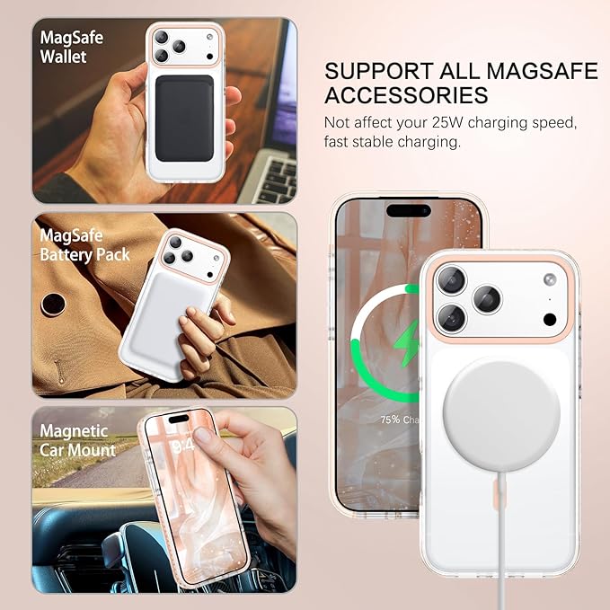 BENTOBEN Magnetic for iPhone 17 Pro Case 6.3", Compatible with Magsafe Military Shockproof Protective Bumper Cute Transparent Slim Anti-Yellowing Phone Case for iPhone 17 Pro Cover,Clear Light Orange