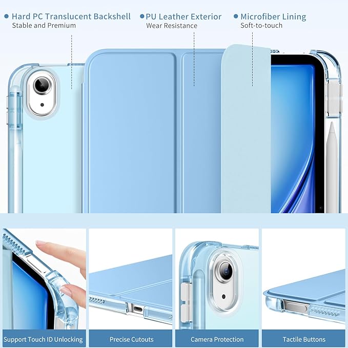 MoKo for iPad Air 11 inch Case (M4/M3/M2) 2026/2025/2024, iPad Air 5th/4th Gen 10.9 inch Case 2022/2020 with Pencil Holder, Slim Light Trifold Cover with Hard PC Translucent Back Shell, Sunny Blue