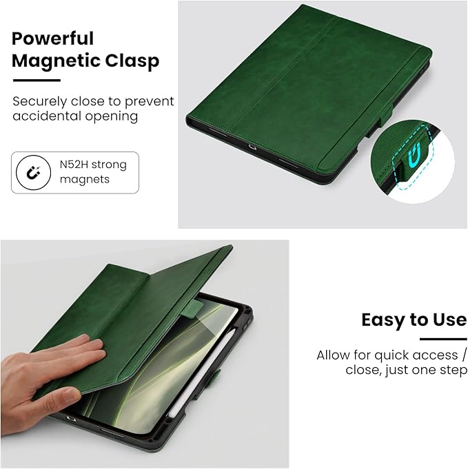 Handmade Case for iPad Pro 11 Inch (M5/M4) 2025/2024 with Pencil Holder Pocket,Magnetic Closure,Auto Sleep/Wake,Vegan Leather Folio Protective Cover,Multi Angles Stand,Green