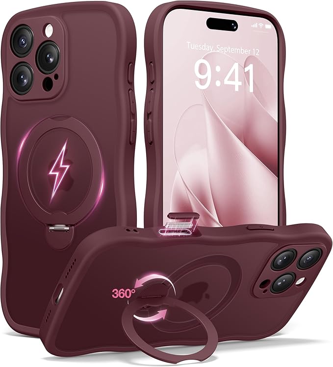 CAPRARO for iPhone 16 Pro Case with 360° Spin Magnetic Stand for Women, [Compatible with MagSafe] [Full Camera Protection] Cute Wave Translucent Matte Case for iPhone 16 Pro, Wine Red