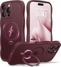 CAPRARO for iPhone 16 Pro Case with 360° Spin Magnetic Stand for Women, [Compatible with MagSafe] [Full Camera Protection] Cute Wave Translucent Matte Case for iPhone 16 Pro, Wine Red