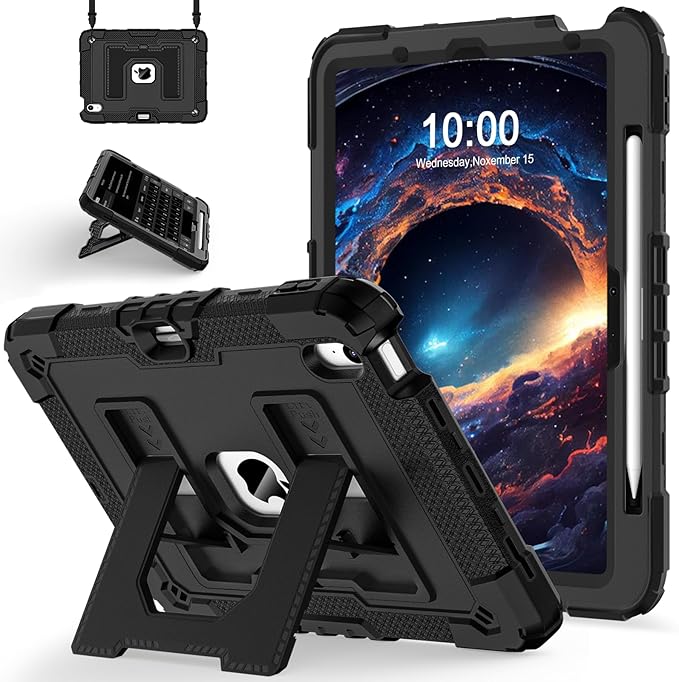 for iPad Air 11 Inch M4/M3 (2026/2025) / M2 (2024) iPad Air 5th (2022) / 4th Generation (2020) 10.9 Inch,Military Grade Shockproof iPad Case Air 11 Inch with Pencil Holder, Black