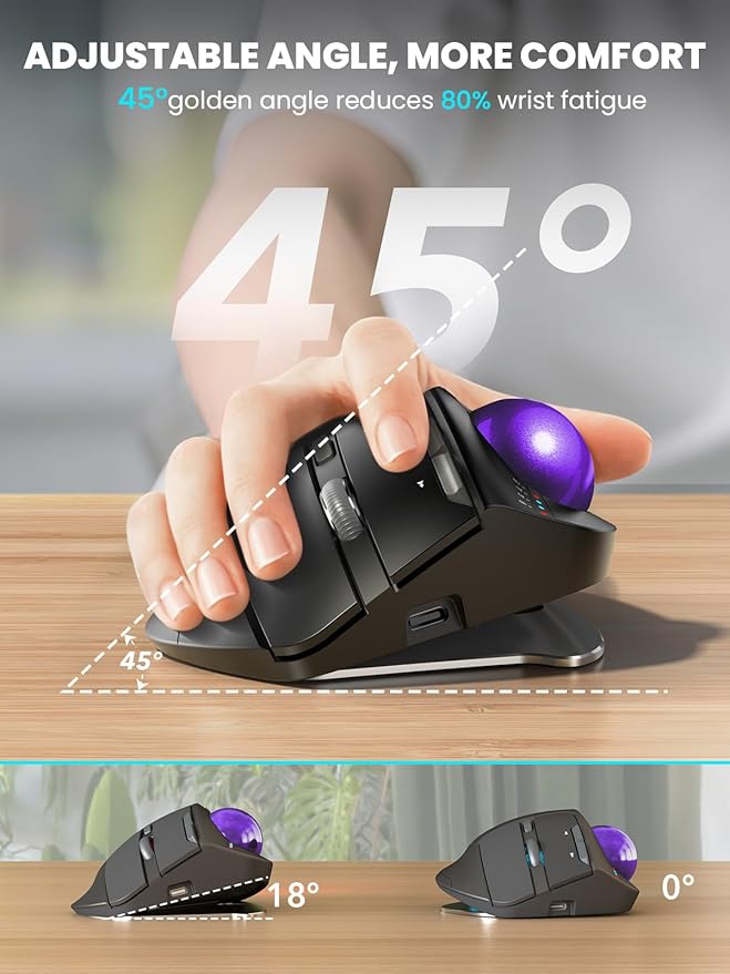 MAM1 Pro Wireless Trackball Mouse, Ergonomic Bluetooth Rechargeable Computer Mouse, Backlit Rollerball Thumb mice with 5 Level DPI, Adjustable Angle, 3 Devices Connection for PC, Windows - Purple Ball