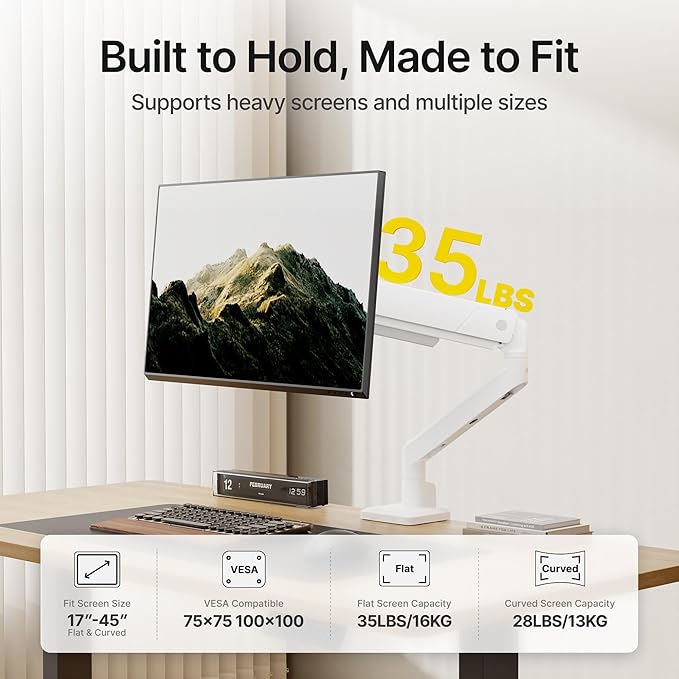 monTEK Single Monitor Arm for Max 45 Inch Ultrawide Screens Adjustable Monitor Desk Mount Holds 35 Lbs Cable Management with C Clamp/Grommet Desk Mount, VESA 75/100mm