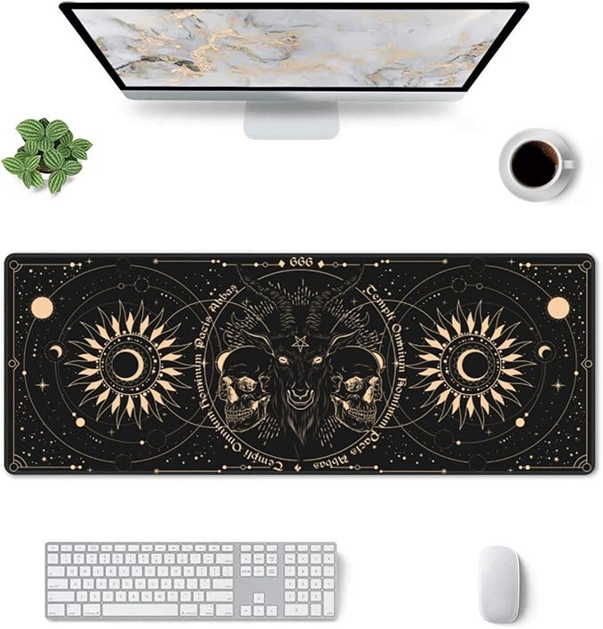 Sun and Moon Gothic Skull Goat Mouse Pad Extended Large Gaming Mouse Pad XL Oversized Desk Pad Stitched Edges 31.5 X 11.8 Inch