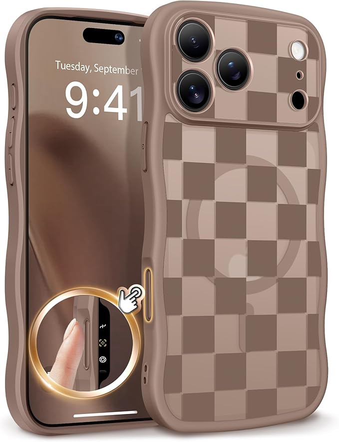 GVIEWIN for iPhone 17 Pro Max Case Compatible with MagSafe [Curly Wave Edge][Full Camera Protection] Floral Translucent Shockproof Magnetic Women Phone Case for 17 Pro Max, Grids/Brown