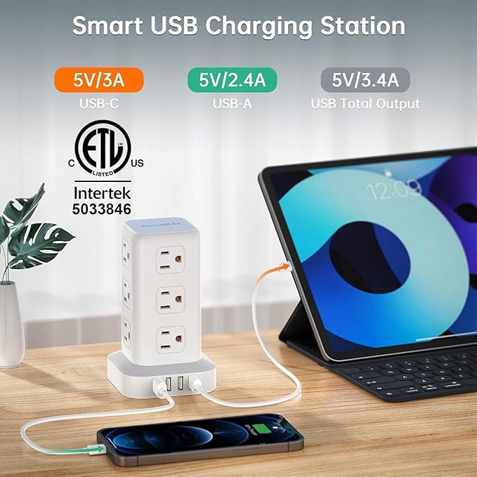 PD20W Power Strip Tower Surge Protector,16.5FT Extension Cord,Power Strip with USB 12 Outlets with 4 USB Ports (1 USB C), Flat Plug Multi Plug Outlet Extender Overload Protection for Home Office