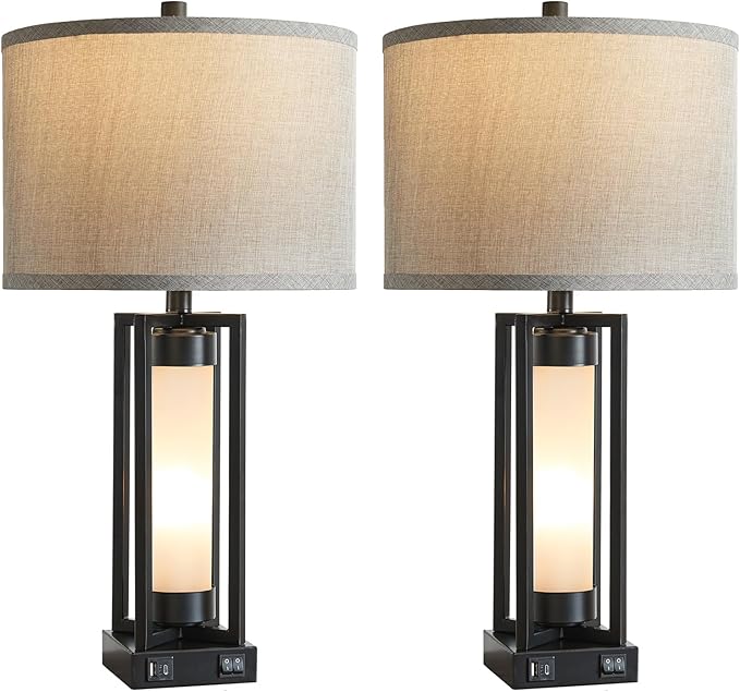 Set of 2 Modern Table Lamps for Living Room with USB C+A Ports, Rustic Nightstand Lamp with White Night Light, Retro Desk Lamp for Bedroom End Table Entryway, 4 Bulb Included (Black)