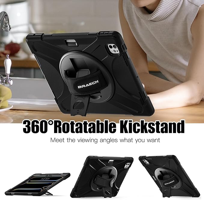 BRAECNstock for Apple iPad Pro 13 inch Case M5 2025 / M4 2024, Shockproof Protective with Pencil Holder, [360 Rotating Hand Strap & Stand], Shoulder Strap, Case for iPad Pro 13, Black
